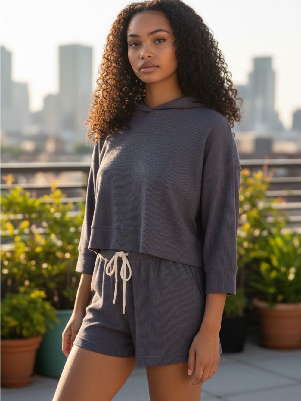 Natori Charcoal Gray Waffle Knit Hoodie & Shorts Set